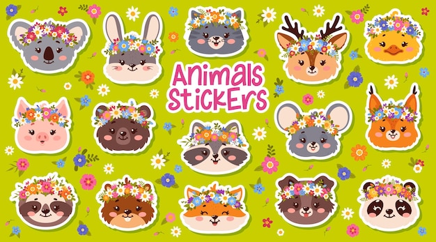 Adhesivos de animales lindos con coronas de flores conjunto vectorial