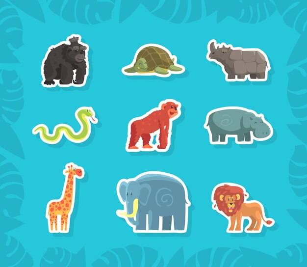 Adhesivos de animales de la selva bonitos rinoceronte orangután tortuga serpiente mono hipopótamo girafa elefante león ilustración vectorial