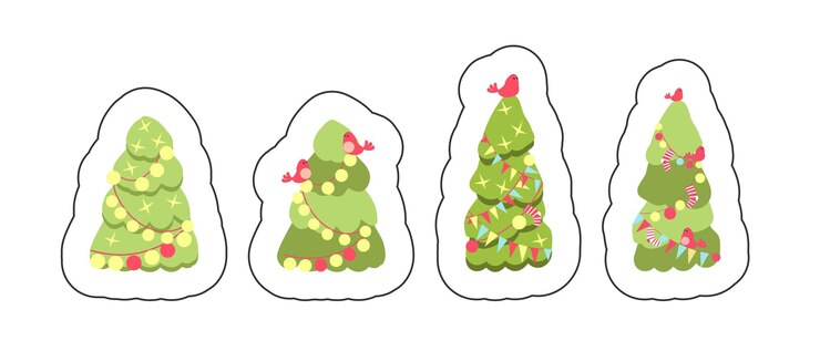 Vector adhesivos de año nuevo y árboles de navidad decoraciones navideñas no dibujadas a mano