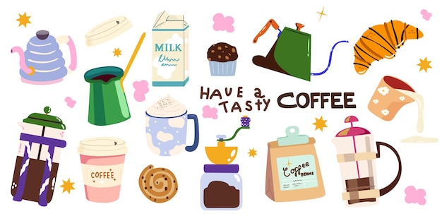 Adhesivos de café retro Cafetera de café granos de café en papel kraft papel taza de café tetera y dulce