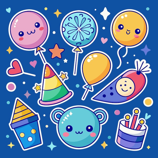 Adhesivos de celebración de dibujos animados con sombreros de globos y estrellas