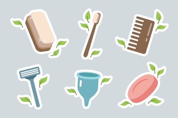 Adhesivos de cero residuos Conjunto de artículos de higiene personal ecológicos Ilustración vectorial al estilo de dibujos animados