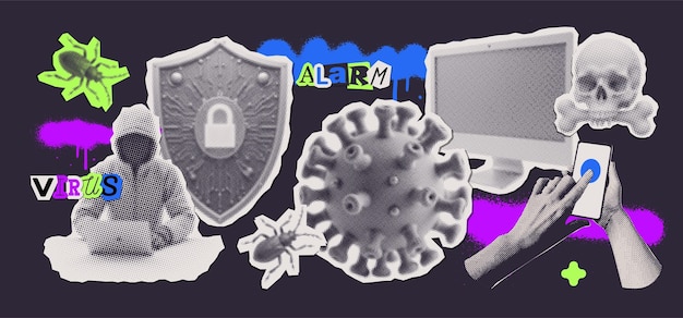 Adhesivos de collage de medio tono con el tema de la ciberseguridad de virus informáticos y la protección de datos personales