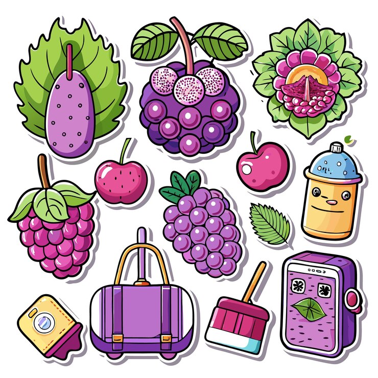 Vector adhesivos coloridos con bebidas de frutas y un diseño de bolsa