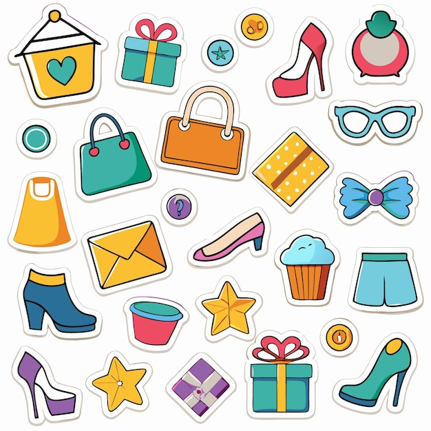 Adhesivos coloridos dibujados a mano con varios iconos, incluidos regalos, estrellas, zapatos, bolsas, gafas y pantalones cortos