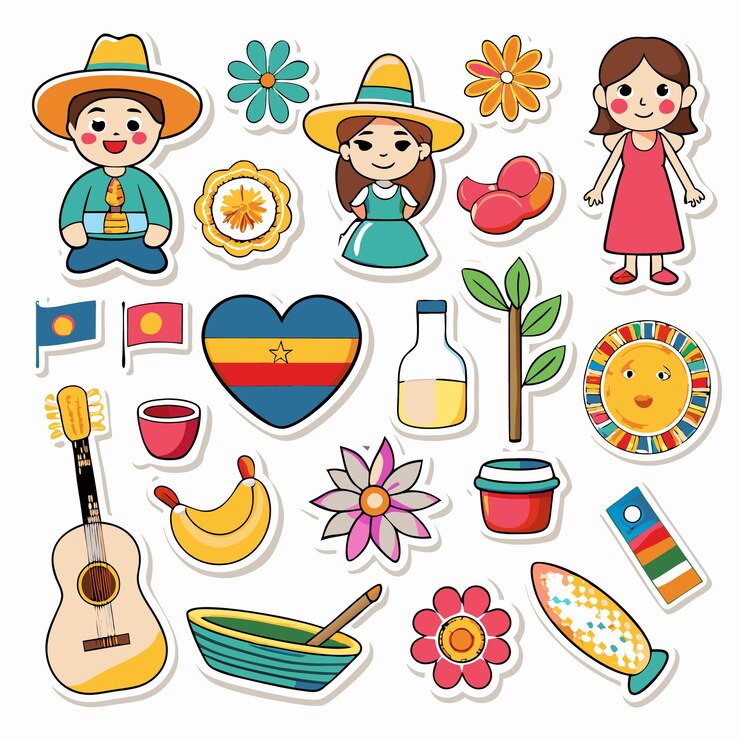 Vector adhesivos coloridos con elementos sudamericanos como flores, guitarra, plátano y personas