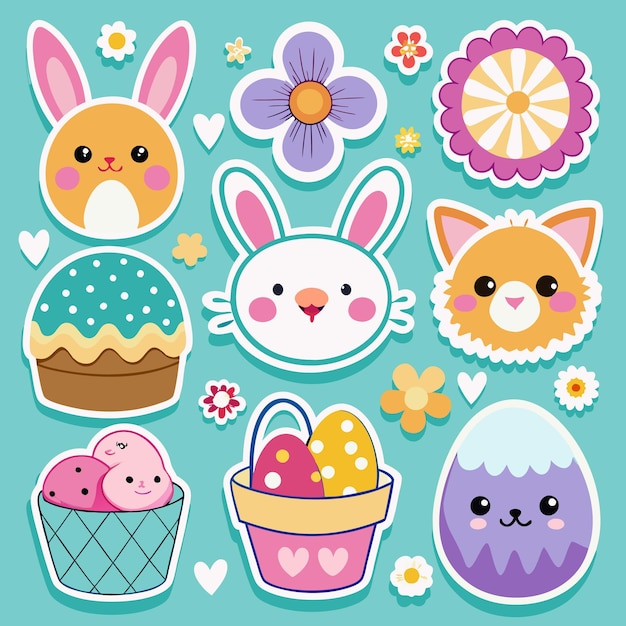 Adhesivos coloridos con flores y huevos de conejo de Pascua sobre un fondo azul azul