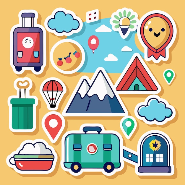 Adhesivos coloridos con iconos de viajes y aventuras