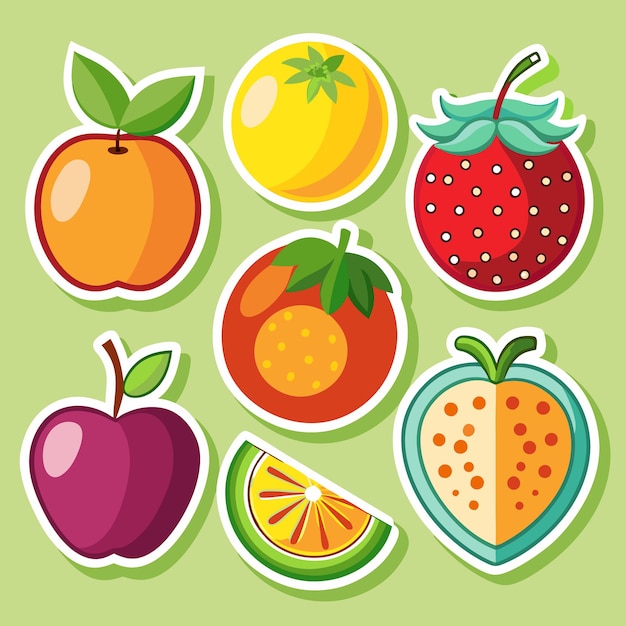 Adhesivos coloridos con varias frutas como una manzana un melocotón una fresa una naranja y tomates en un fondo verde claro