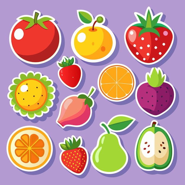 Adhesivos coloridos con varias frutas como la pera, la fresa, el tomate y la naranja