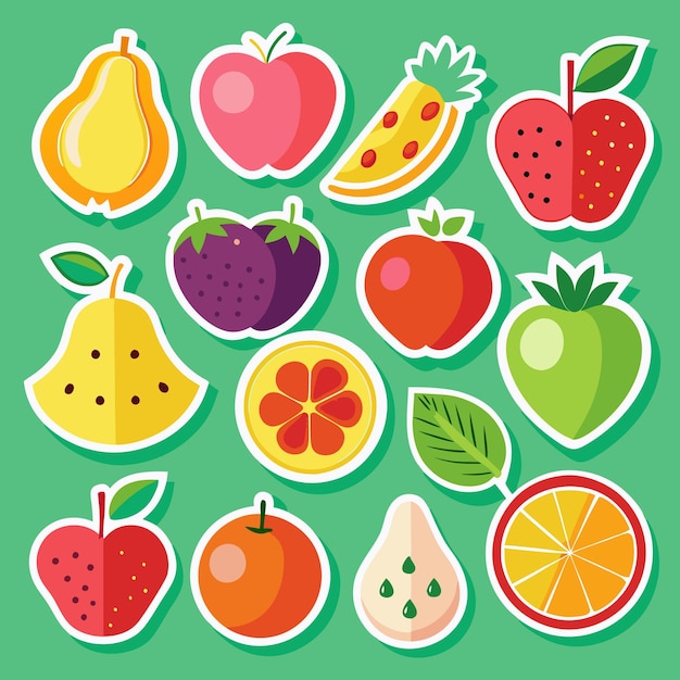 Adhesivos coloridos con varias frutas pera manzana piña fresa ciruela tomate lima naranja pomelo