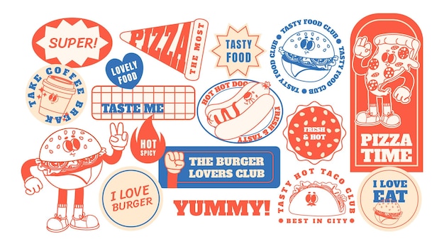 Adhesivos de comida rápida retro parches de personajes de comida chatarra de dibujos animados comidas divertidas de cafetería mascota estilo vintage de los años 60 y 70 insignias con hamburguesas pizza perrito caliente elementos vectoriales groovy