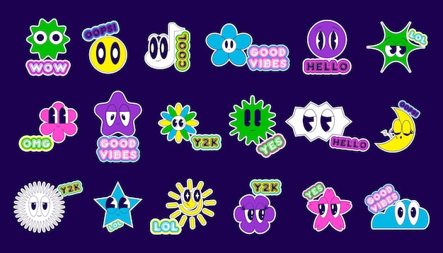 Adhesivos cool y funky con caras sonrientes parches de etiquetas de cómics de dibujos animados Retro Y2K Stickers Pack Patches