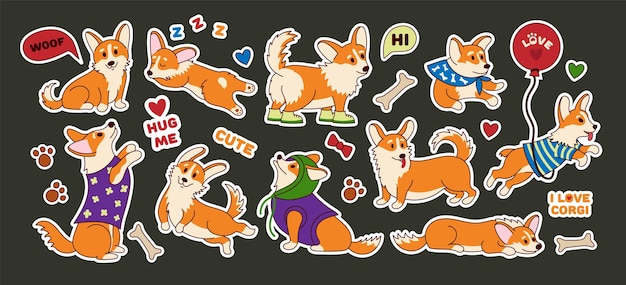 Adhesivos de corgi lindos Perro cachorro galés gracioso con diferentes posturas y emociones dibujos animados adorables personajes caninos para niños diseño de impresión conjunto de perro aislado vectorial