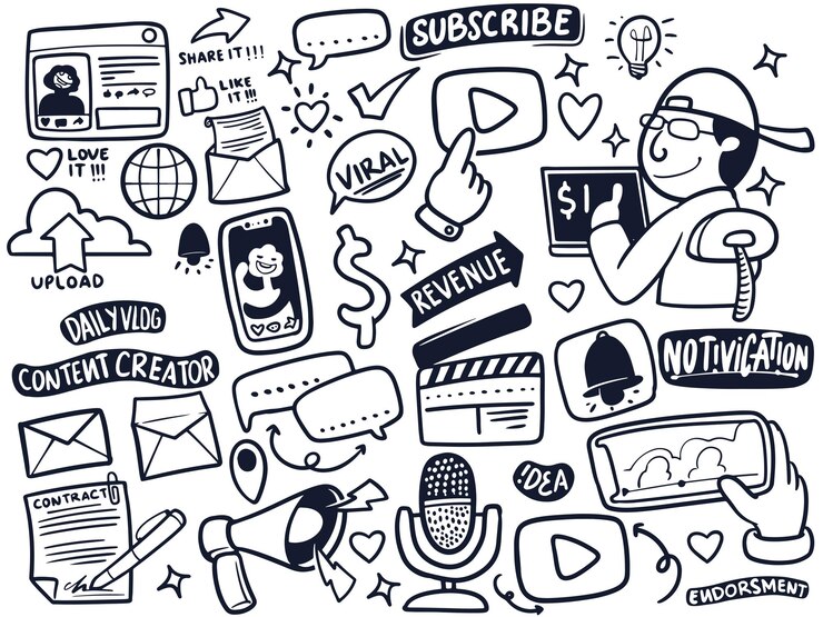 Adhesivos de creadores de contenido dibujados a mano en estilo blanco y negro Concepto multimedia y de entretenimiento