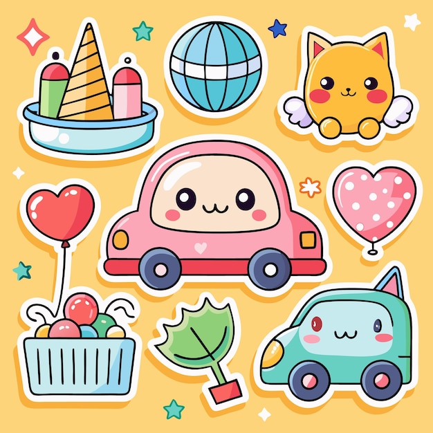Adhesivos de dibujos animados de colores con coches, un gato, un globo y una planta sobre un fondo amarillo