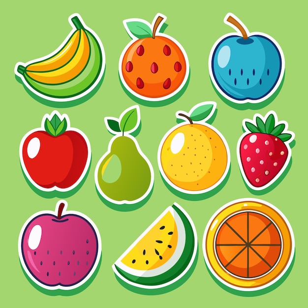 Adhesivos de dibujos animados coloridos de varias frutas como plátano manzana naranja pera fresa sandía ciruela