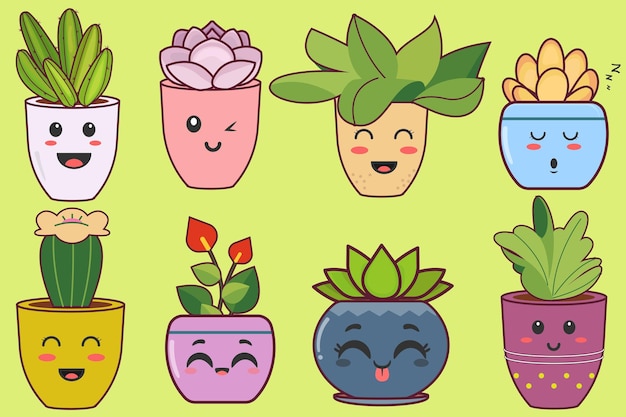 Adhesivos de dibujos animados con personajes de plantas suculentas