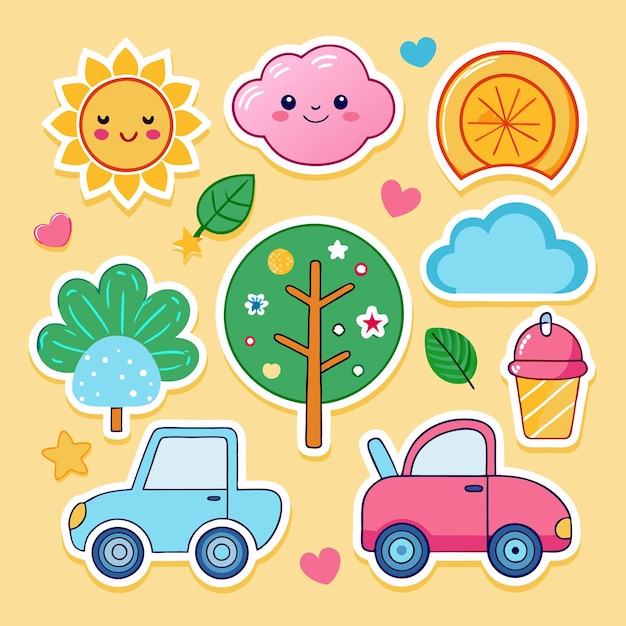 Adhesivos de dibujos animados de un sol feliz nube rosa naranja dos árboles un coche azul un coche rosa una nube azul y un helado
