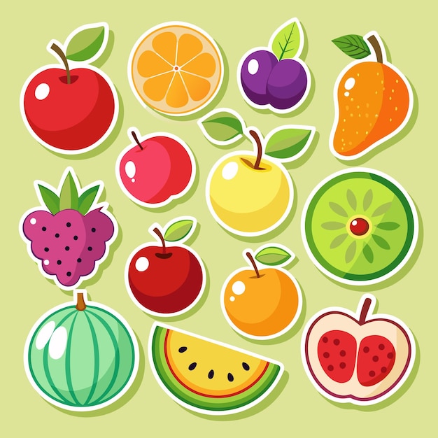 Adhesivos de dibujos animados de varias frutas sobre un fondo verde