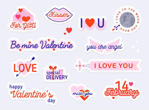 Adhesivos y elementos del día de San Valentín Concepto de amor Ilustraciones para redes sociales Diseño web Mensajes móviles Medios sociales Tarjetas de comunicación en línea y material impreso