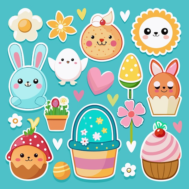 Adhesivos de elementos de Pascua de dibujos animados en fondo azul