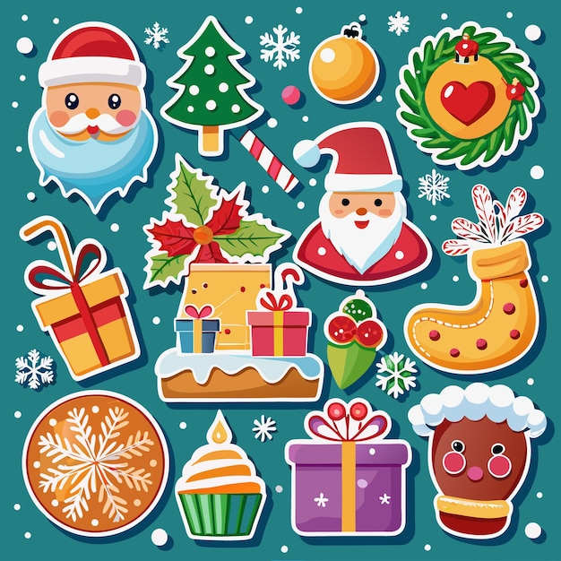 Adhesivos festivos de Navidad con regalos y adornos del árbol de Papá Noel