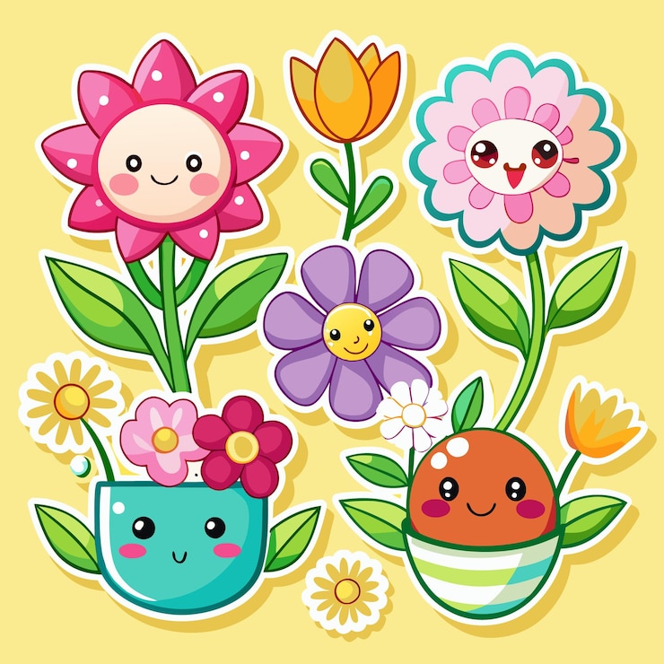 Vector adhesivos de flores de dibujos animados con una ilustración floral sonriente