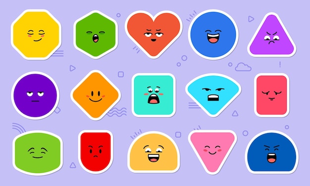 Vector adhesivos de formas matemáticas geométricas figuras de figuras de geometría personajes con caricaturas caricaturas emoticones vectoriales círculos cuadrados divertidos o rombos y triángulos formas matemáticas geometricas para la educación de niños