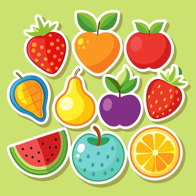 Adhesivos de frutas de colores con un borde blanco y sombra sobre un fondo verde claro
