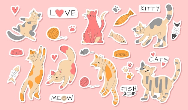 Adhesivos para gatos lindos Compras veterinarias Regalos para gatitos Para retratos de mascotas o invitaciones Estilo de caramelo divertido para bebés Animales domésticos alegres Gatos cuencos Vector conjunto de ilustraciones llamativas