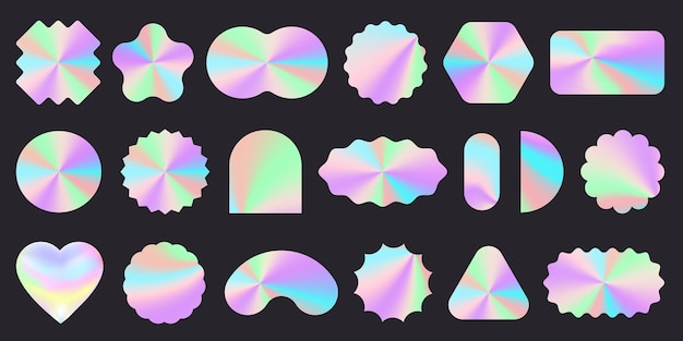 Adhesivos holográficos Insignia de plata realista Folleta iridescente Maquetas holográficas de diferentes formas Etiqueta holográfica de cromo arco iris para el diseño de envases de productos Conjunto vectorial