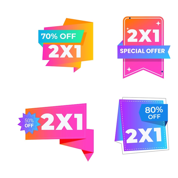 Vector adhesivos iconos marcos pancartas con texto 2x1 oferta especial venta 2 productos por el precio de 1