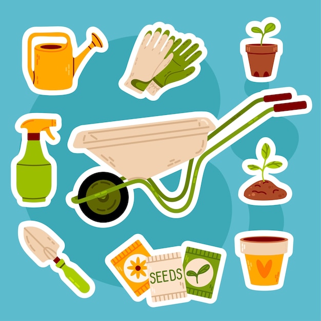 Adhesivos de jardinería con herramientas y plantas