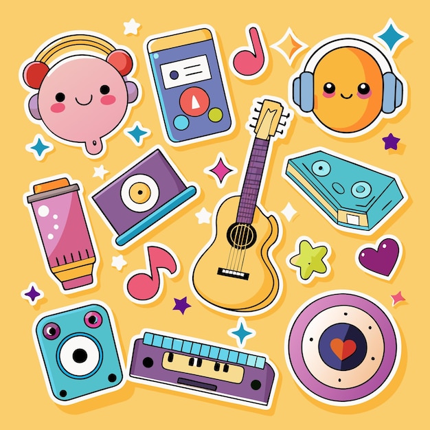 Adhesivos de música de dibujos animados en fondo amarillo