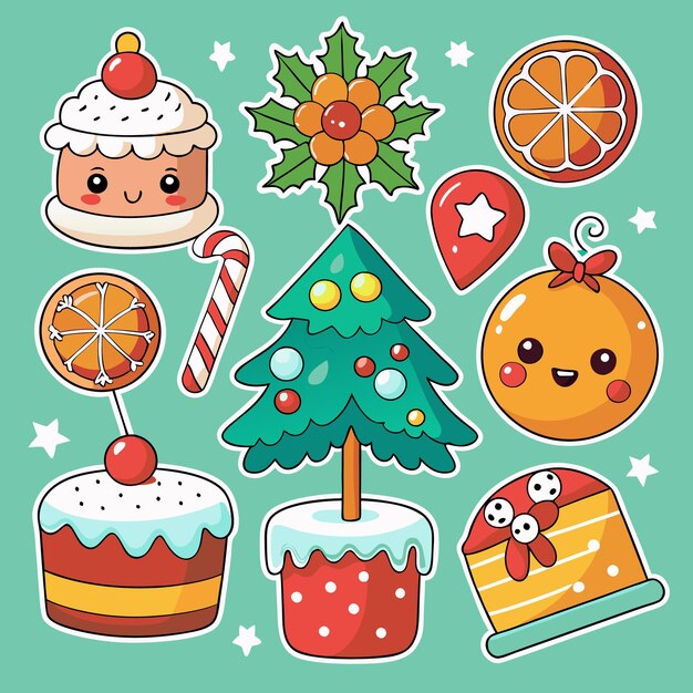 Adhesivos de Navidad de dibujos animados con una variedad de elementos, incluidos adornos de árboles de Navidad, pasteles de caña de caramelo y naranjas