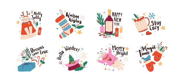 Adhesivos de Navidad con felicitaciones conjuntos Frases con juguetes de Navidad regalos calcetines abeto árbol de muérdago gato lindo Feliz año nuevo citas vacaciones de invierno ilustraciones vectoriales aisladas planas en blanco
