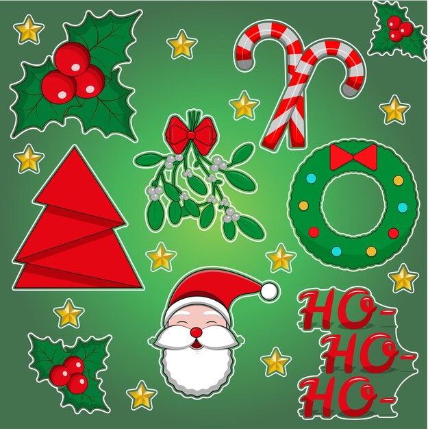 Vector adhesivos de navidad santa claus hombre de nieve juego de vacaciones decoración de árbol vector de dibujos animados