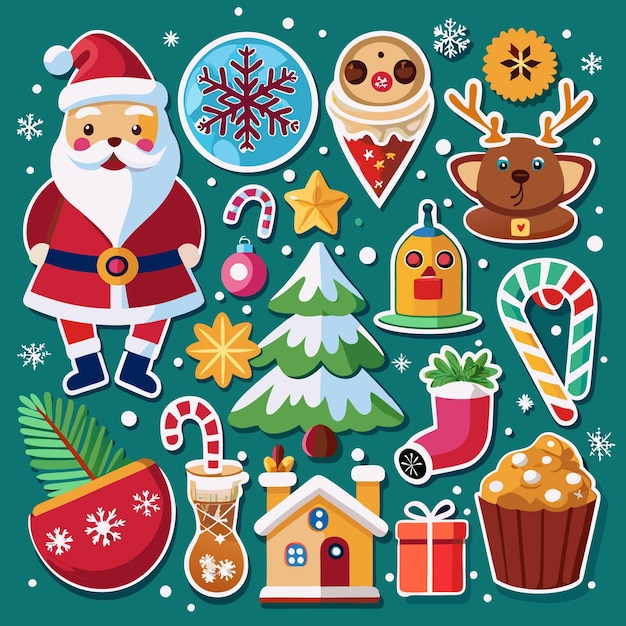 Adhesivos navideños con el árbol de renos de Santa presenta bastones de caramelo y otros elementos festivos