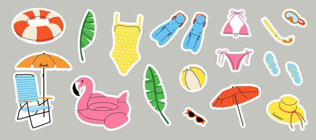 Adhesivos de playa de verano Sombrilla sillón inflable anillo y bola traje de baño sombrero y gafas aletas y máscara de buceo vacaciones de verano vacaciones en el mar dibujos animados vectoriales planos ilustración aislada