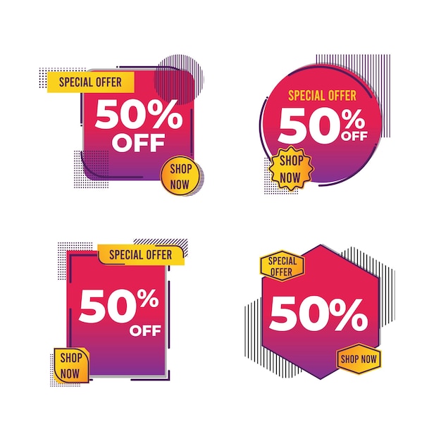 Adhesivos promocionales creativos con oferta especial del 50 por ciento de descuento para la tienda ahora con elementos de diseño moderno plantilla de logotipo de vector mínimo