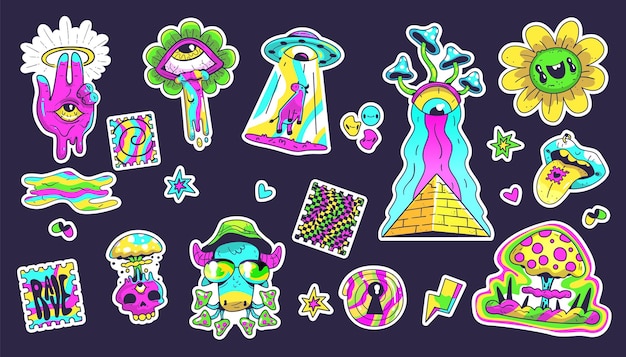 Adhesivos psicodélicos de moda Adhesivos surreales extraños adhesivos artísticos abstractos dibujos animados de diseño inusual cara de personaje cómico flores hipster colores ácidos garabateo ilustración vectorial elegante