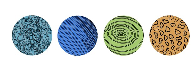 Adhesivos redondos de colores con varias texturas de lápiz dibujadas a mano Vector Naive Doodle Patterns