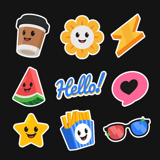 Adhesivos retro de dibujos animados de diseño plano