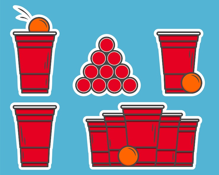 Vector adhesivos rojos de beer pong copa de plástico y pelota con salpicaduras de cerveza juego tradicional de bebida de fiesta vectorial