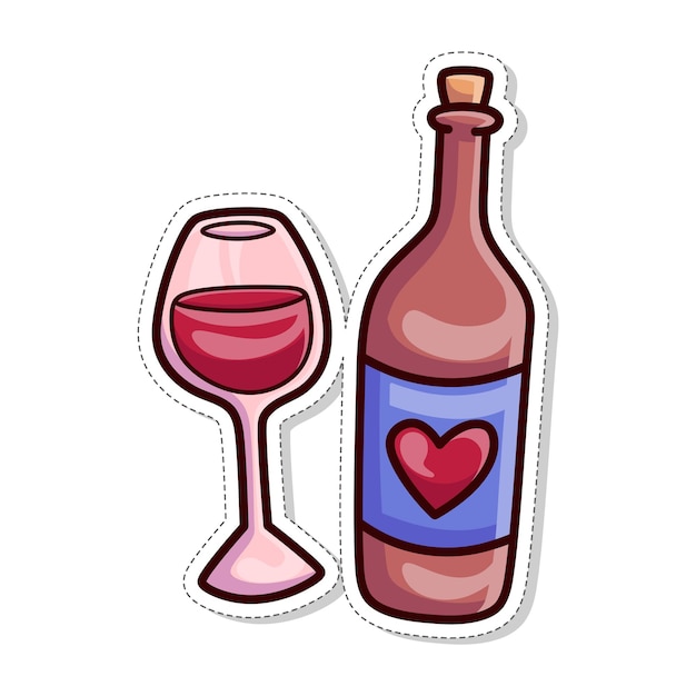 Adhesivos temáticos de San Valentín de vector gratis vino y copas de amor