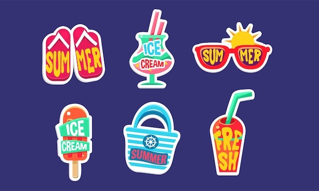Adhesivos de verano Conjunto de vacaciones de verano brillantes Parches de moda Ilustración vectorial