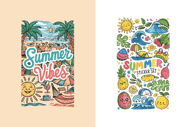 Vector adhesivos de verano dibujados a mano con ilustraciones tipográficas