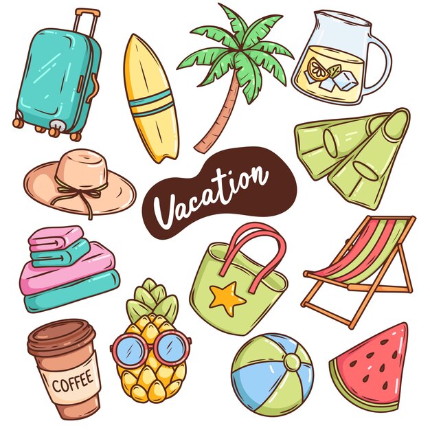 Adhesivos de verano iconos Vector helado de piña palma caso de traje sillón de sol aletas tabla de surf