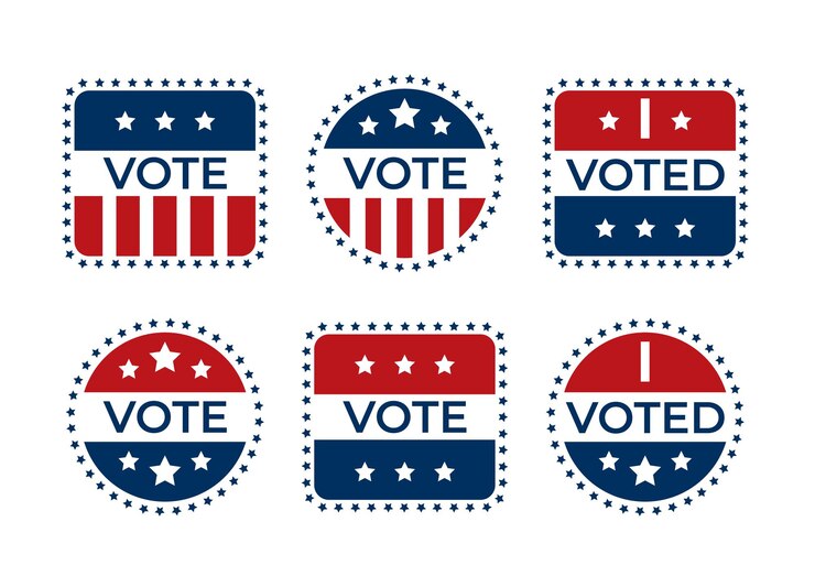 Vector adhesivos de voto con bandera estadounidense insignia de votante botones de voto el día de las elecciones